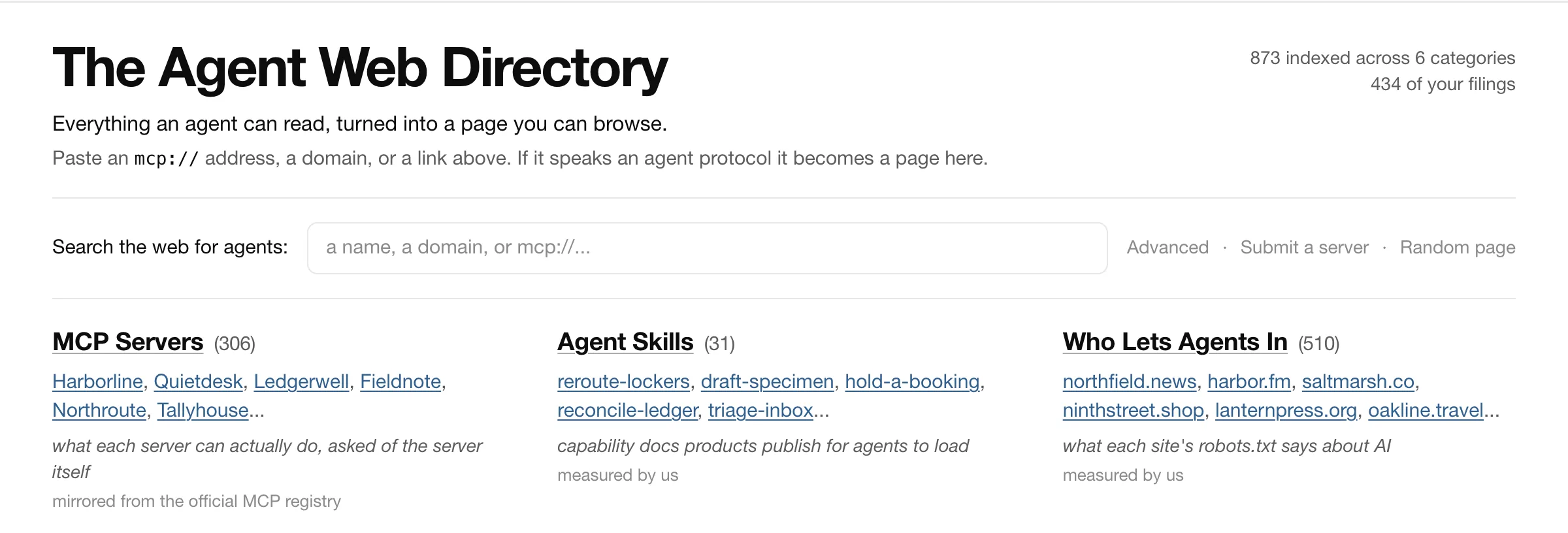 The Agent Web Directory page from its title through the first row of categories, MCP Servers, Agent Skills and Who Lets Agents In, with the search field above them.
