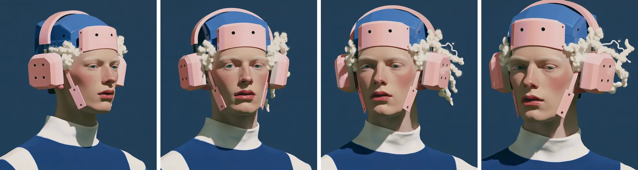 Four views of the same fellow, fennec, in one row, turning from three-quarter left through front to three-quarter right. Same pink cap and white curls, same blue background in each.